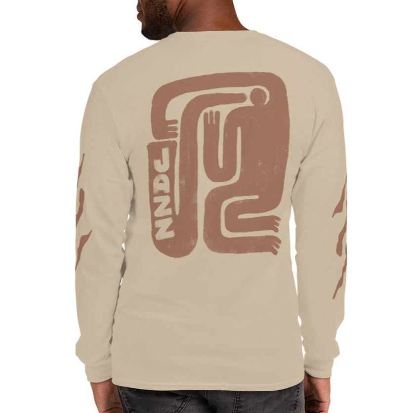 "Rhythm n' Flow" Long Sleeve Tee in sand with brick colored logos