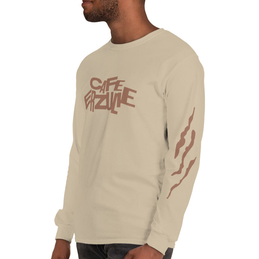 Product mockup"Rhythm n' Flow" Long Sleeve Tee in sand with brick colored logos