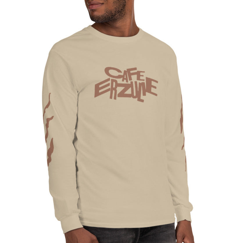 "Rhythm n' Flow" Long Sleeve Tee in sand with brick colored logos